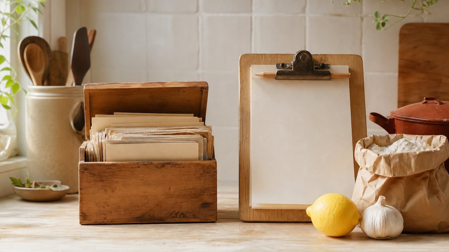 A worn wooden recipe-card box next to a clipboard with a blank shopping pad, a lemon, garlic and a bag of flour on a kitchen counter