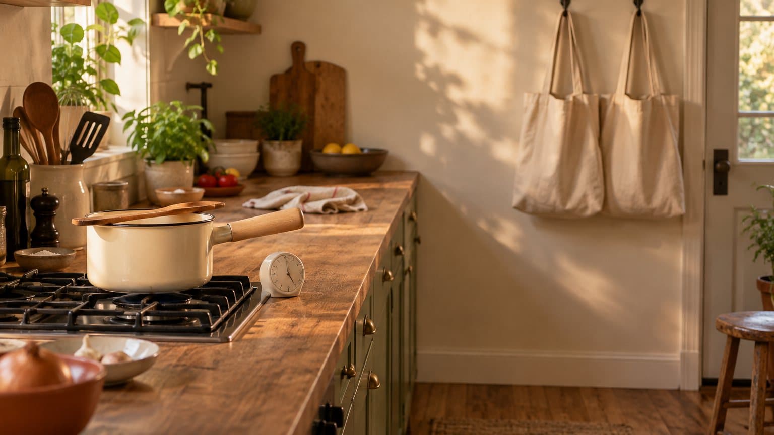 A cream enamel saucepan and kitchen timer at the stove end of a counter, two empty canvas shopping bags hanging by the door