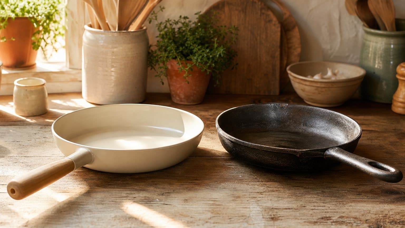 A sleek cream enamel frying pan beside a well-seasoned black cast-iron skillet on a wooden counter