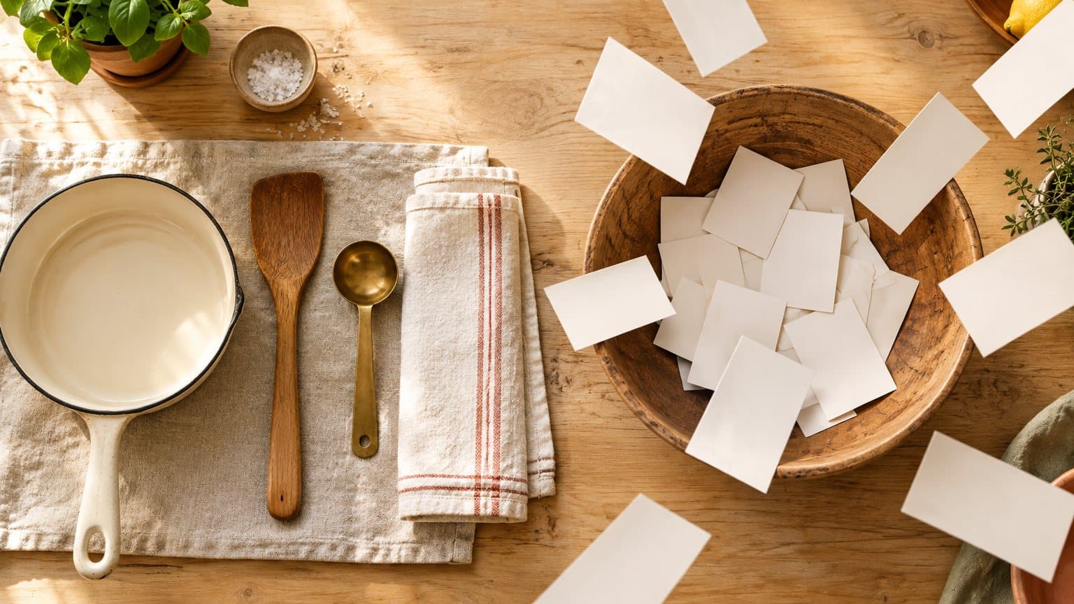 Overhead view of a neatly arranged enamel pan and wooden tools on linen beside a wooden bowl collecting blank paper slips from every side