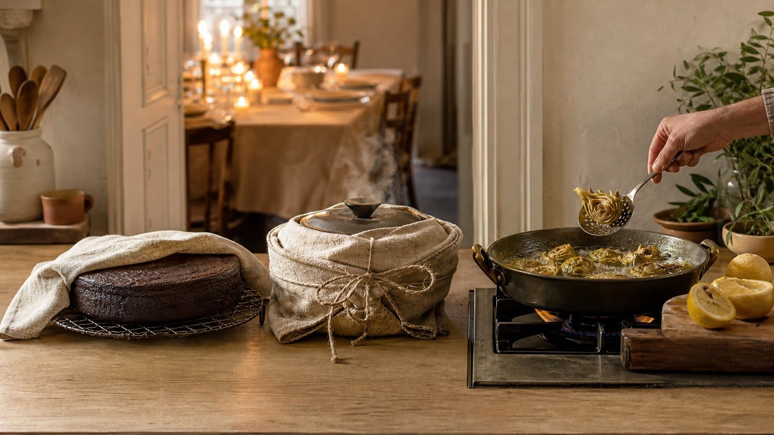Un plan de travail juste avant le dîner : un gâteau au chocolat qui refroidit sous un torchon, une cocotte emballée dans une serviette nouée d'une ficelle, et des artichauts encore en train de frire, avec une table éclairée aux bougies derrière la porte.
