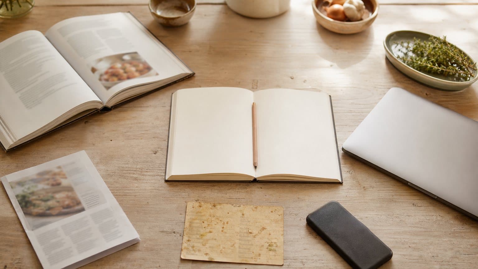 Un carnet ouvert et vierge sur une table de cuisine, entouré d'un livre de cuisine ouvert, d'une fiche tachée, d'une page imprimée, d'un téléphone retourné et d'un ordinateur fermé