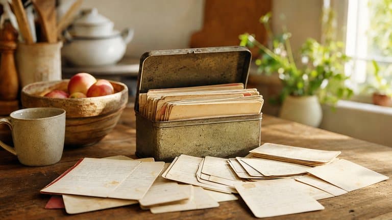 An old tin of recipe cards open on a kitchen table, cards spilling across the wood
