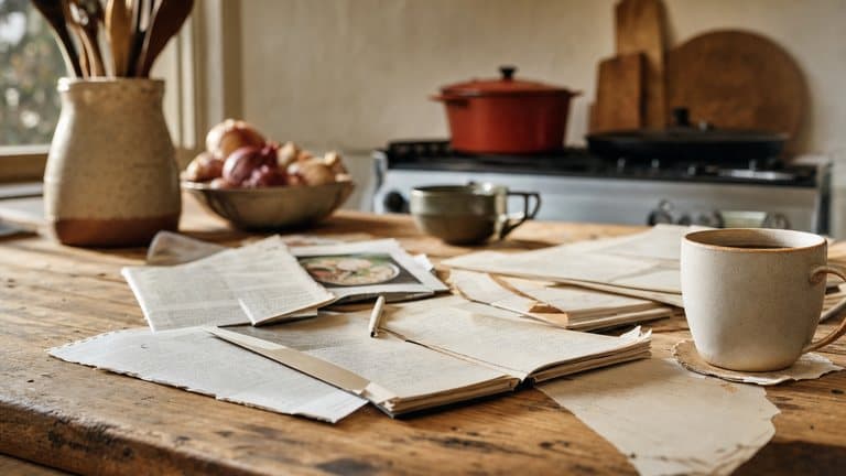An open notebook, a magazine and loose recipe pages piled on a kitchen table beside a cup of coffee
