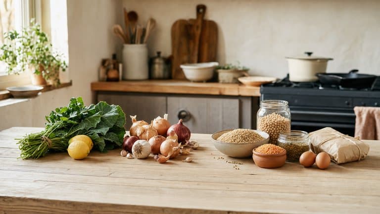 A week's shopping sorted into four loose groups along a kitchen counter