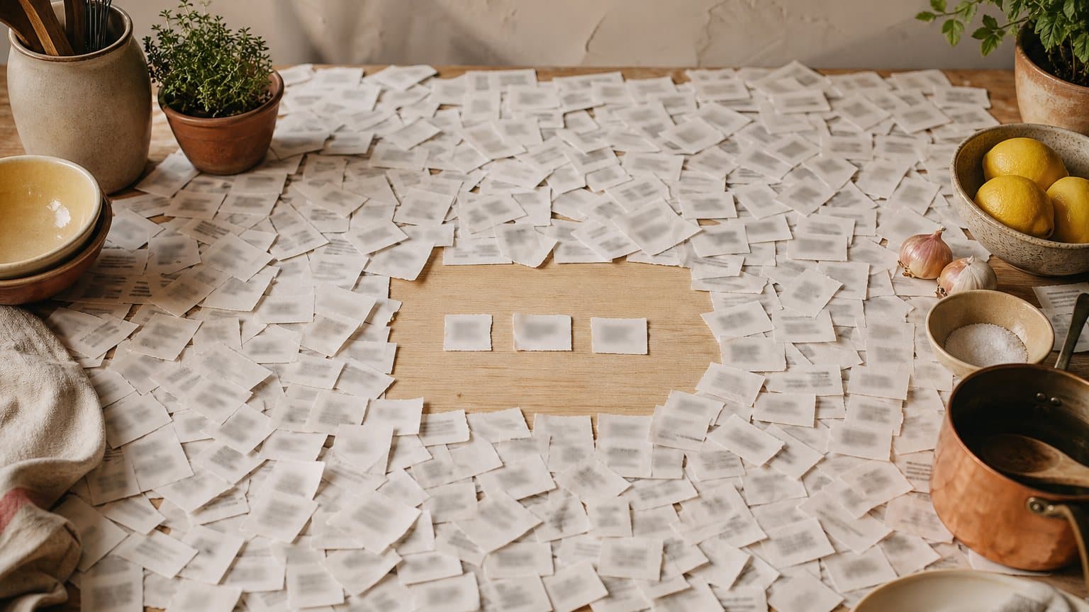 A kitchen table covered edge to edge in hundreds of paper recipe slips, with a small space cleared in the middle holding just three