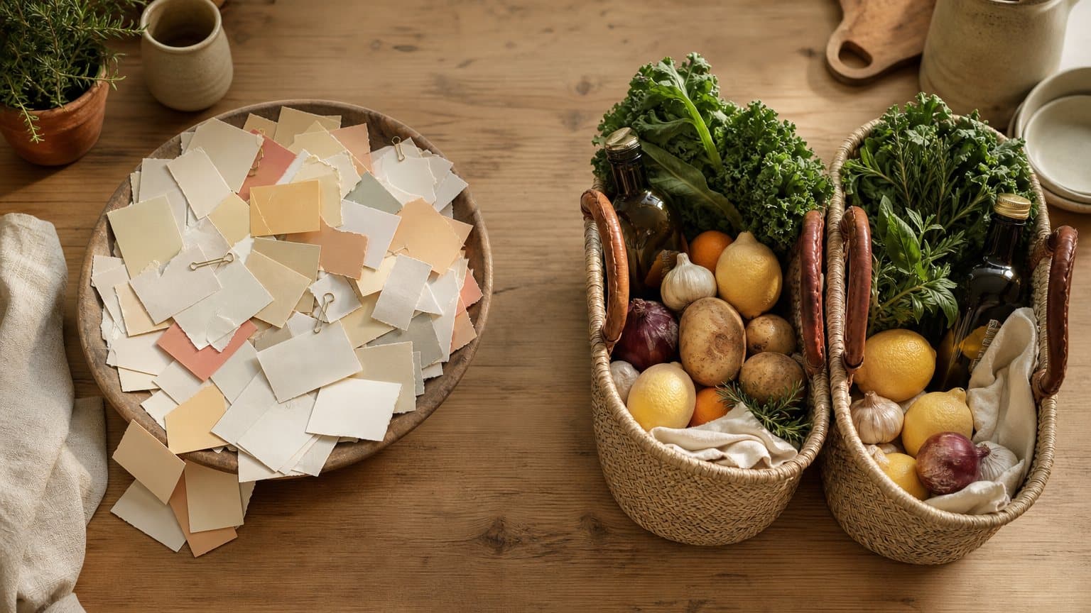 Overhead view of a wooden bowl heaped with blank paper slips beside two market baskets packed with the same groceries
