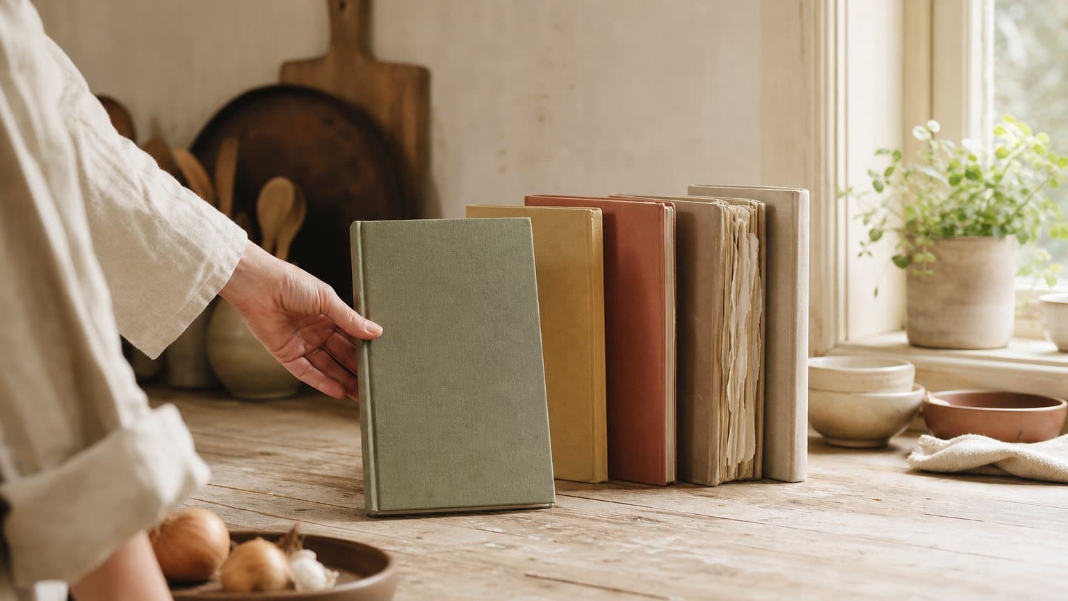 Una mano sacando un cuaderno de tela liso de una fila de cinco sobre la encimera de la cocina