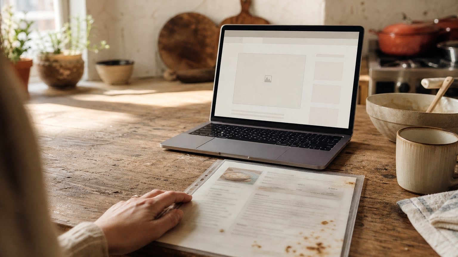 A laptop on a worn kitchen table showing a vanished recipe page beside a printed copy kept safely in a clear sleeve