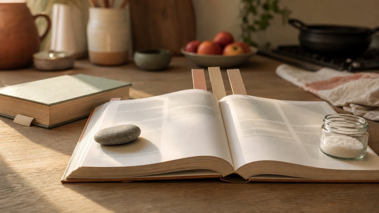 A cookbook lying open on a kitchen table, held down by a stone, with paper slips marking other pages further in