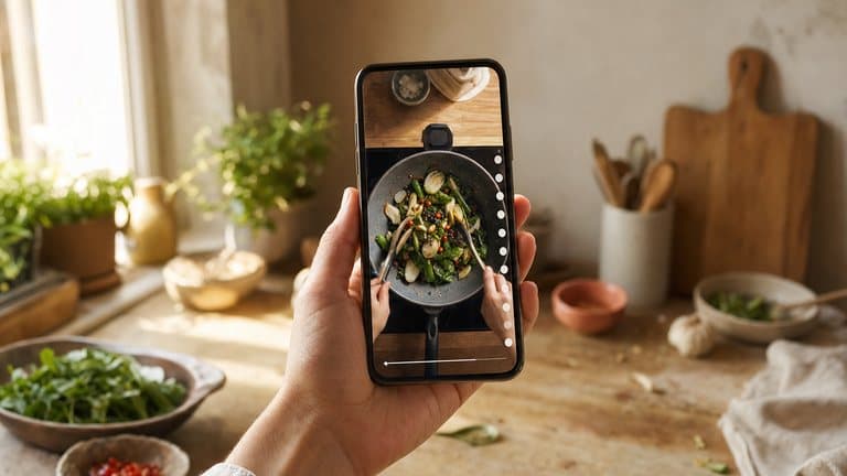 A phone held upright in a kitchen, playing a vertical cooking video shot from overhead