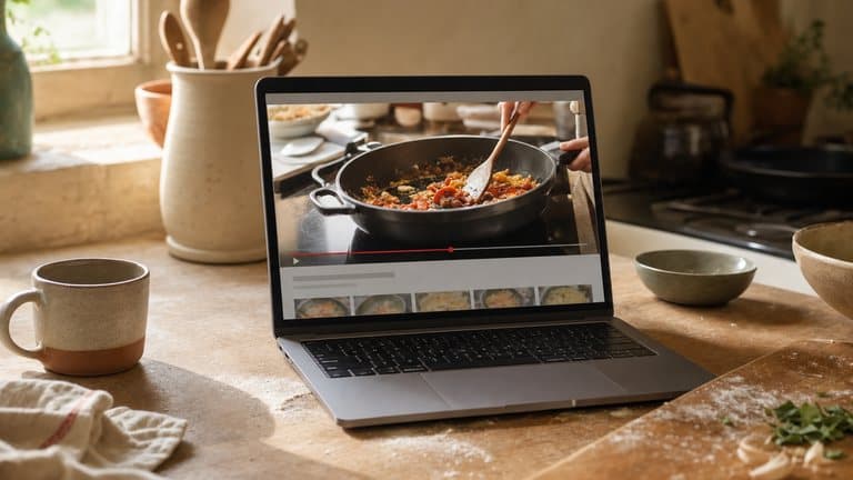 A laptop on a floury kitchen counter playing a long cooking video, paused partway through