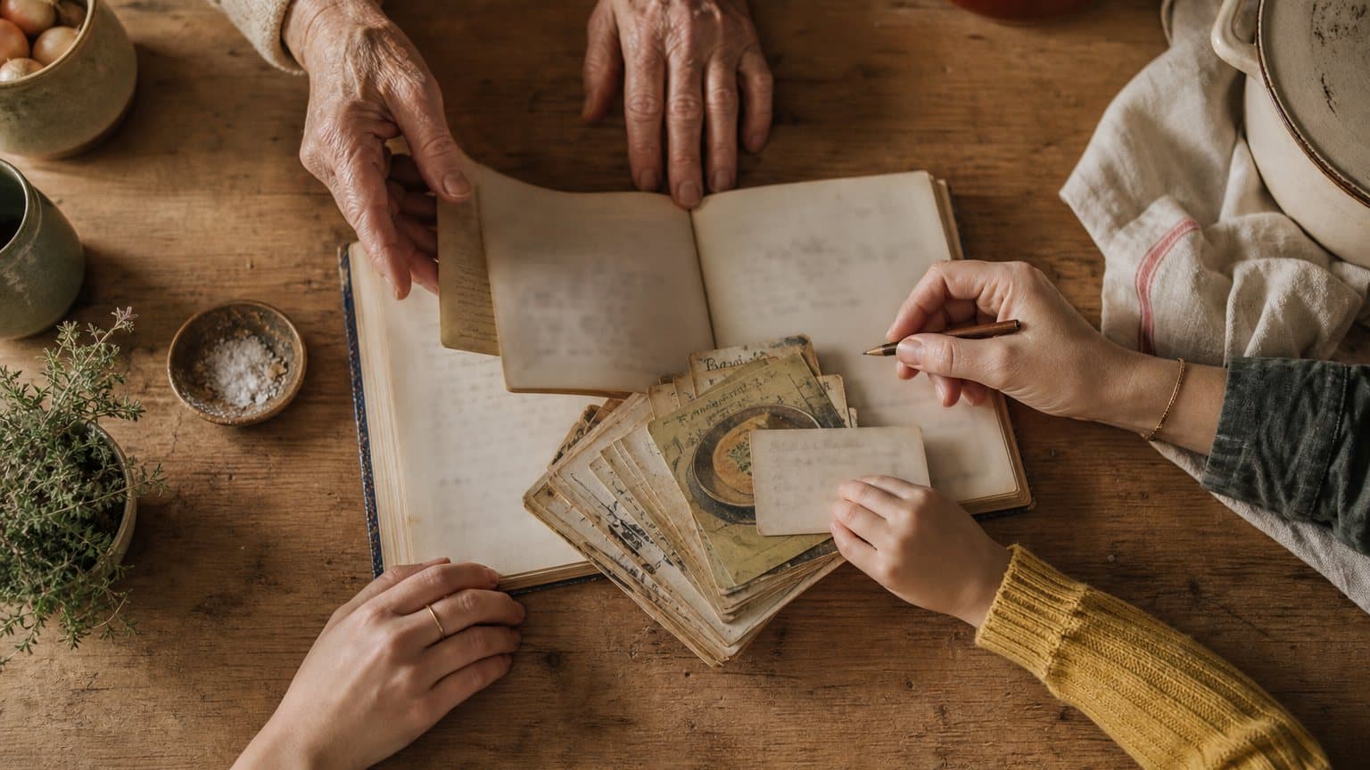 Quatre paires de mains d'âges différents se rejoignent autour d'une table de cuisine, au-dessus d'un cahier ouvert et d'une pile de vieilles fiches