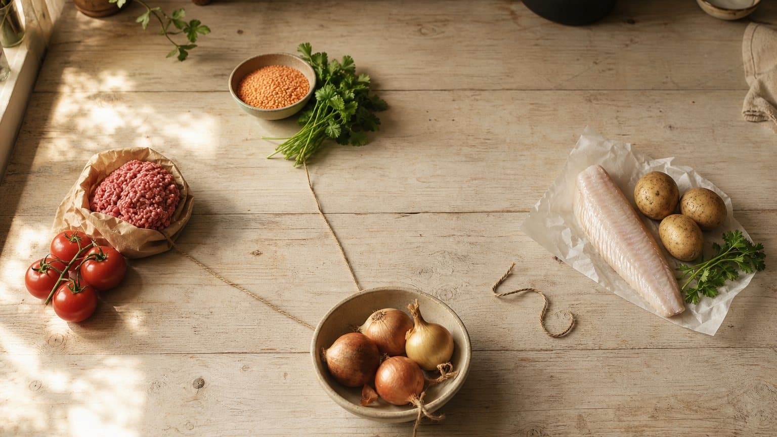 Les ingrédients de trois dîners sur une table en bois, chacun relié par une ficelle de cuisine à un même bol d'oignons, la ficelle du poisson et des pommes de terre coupée
