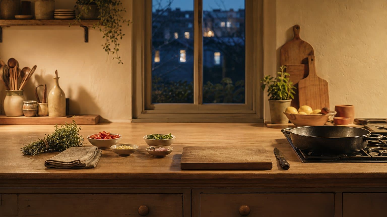 Une cuisine à la tombée du jour, lumière allumée, le plan de travail nettoyé et préparé : bols d'ingrédients, herbes et une poêle prête sur la plaque