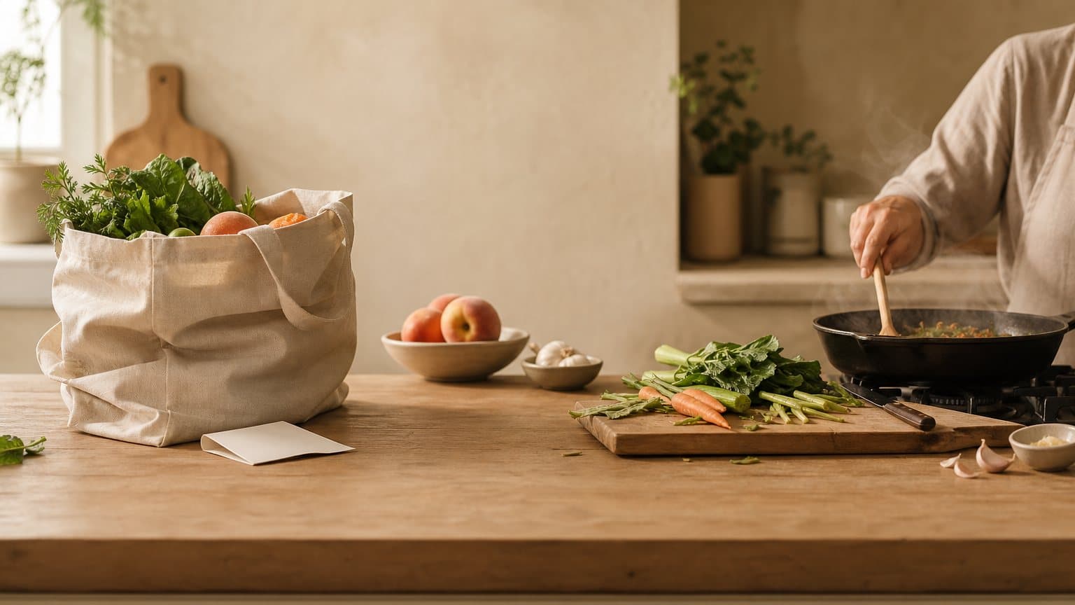 One kitchen counter, a full canvas shopping bag at one end and the same ingredients prepped and cooking in a pan at the other