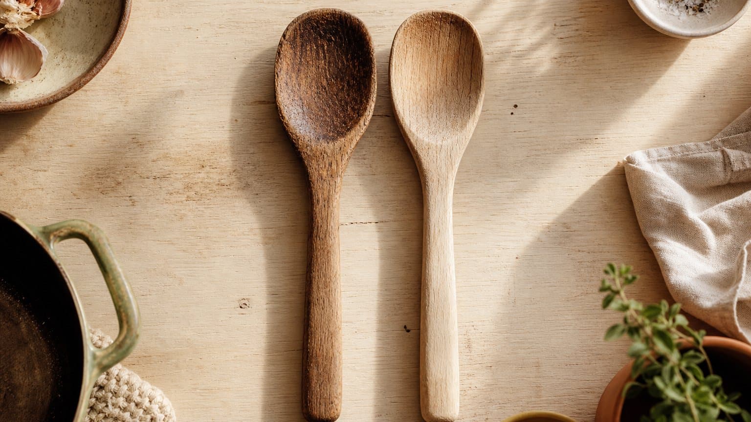 Two wooden cook's spoons of the same shape side by side on pale wood, one much darker and more worn than the other