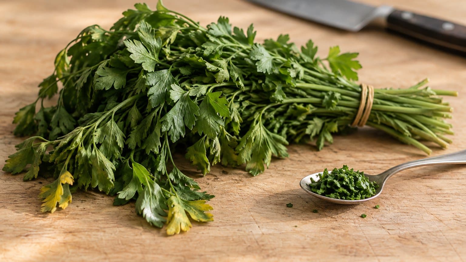 Un bouquet entier de persil plat noué d'une ficelle, quelques feuilles déjà jaunies, posé sur une planche en bois à côté d'une seule cuillerée de persil haché.