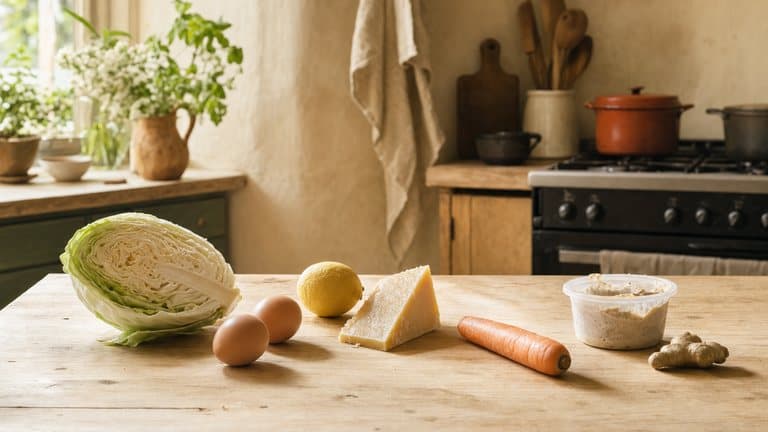 Half a cabbage, two eggs, a lemon, a wedge of hard cheese, a carrot and a knob of ginger on a wooden counter