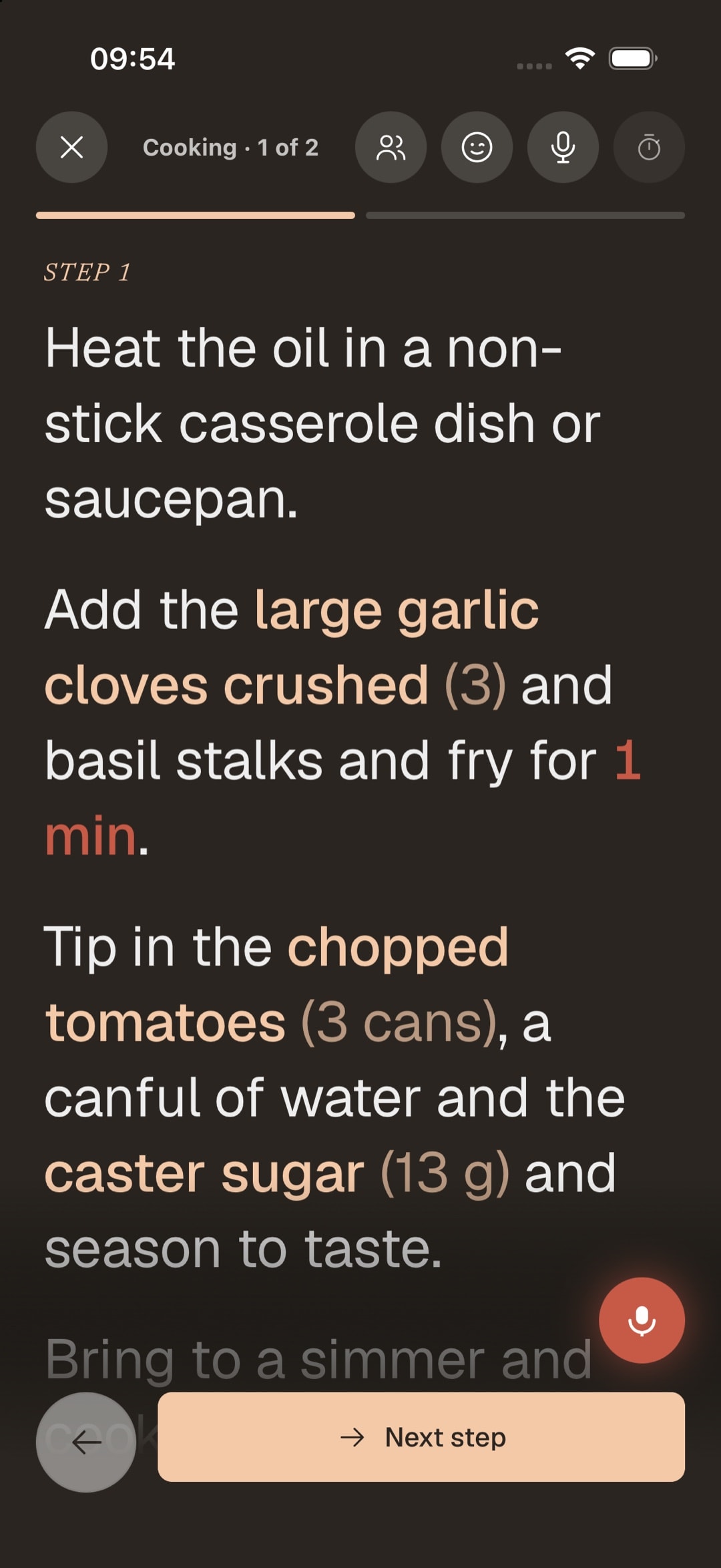 Modo cocina de Sugo mostrando un paso de la receta con cantidades resaltadas y un botón de siguiente paso.