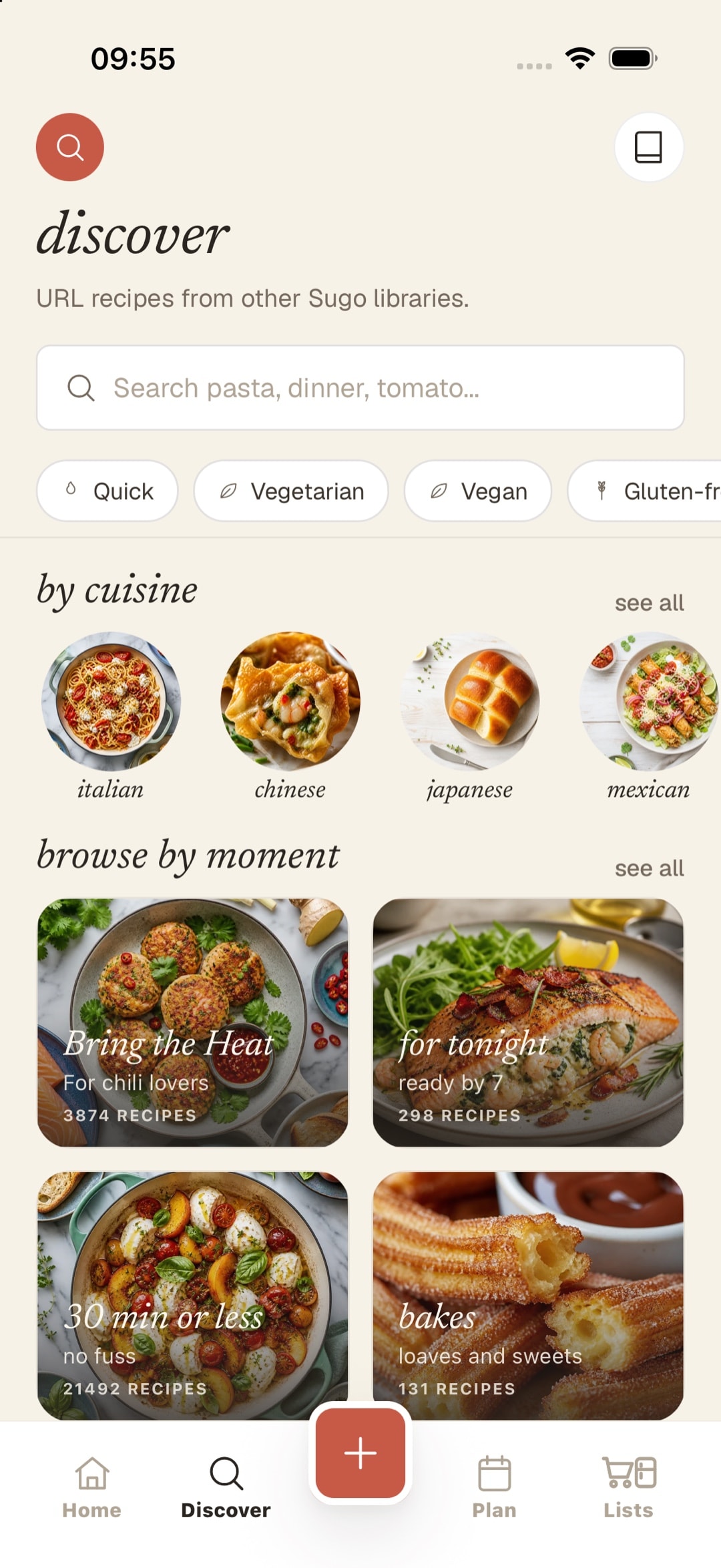 Pantalla Descubrir de Sugo con un campo de búsqueda, mosaicos de cocinas y colecciones de recetas.