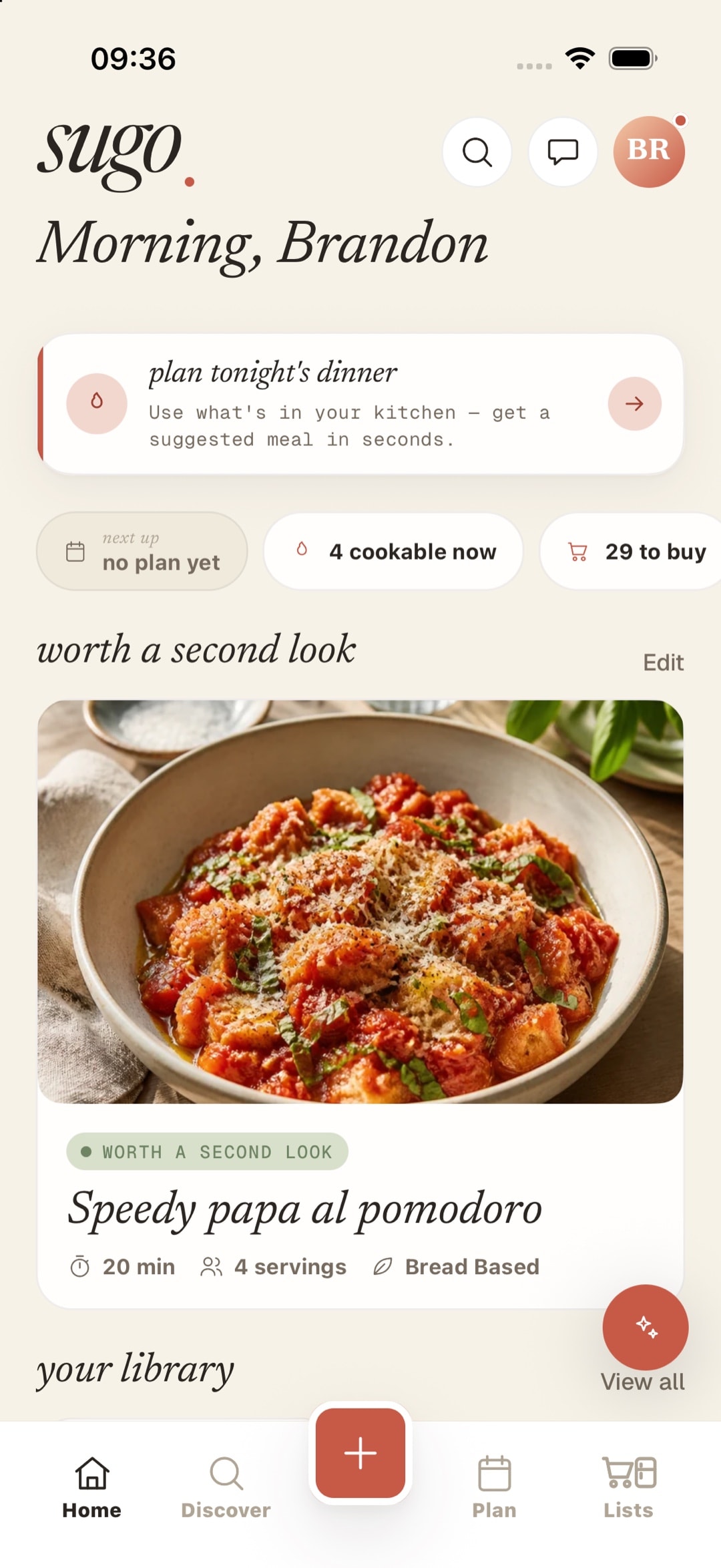 Pantalla de inicio de Sugo con una cena sugerida, un conteo de recetas cocinables y una receta guardada.