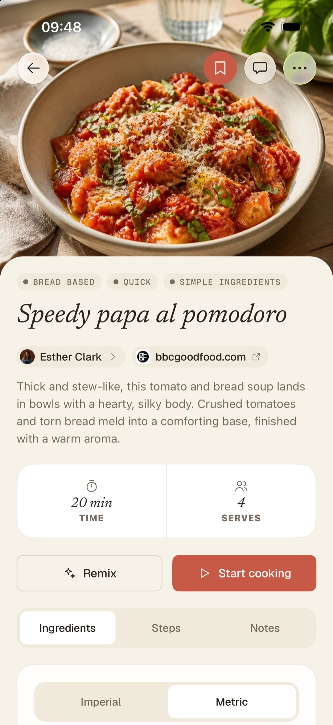 Pantalla de receta de Sugo con ingredientes, tiempo, porciones y crédito al autor original.
