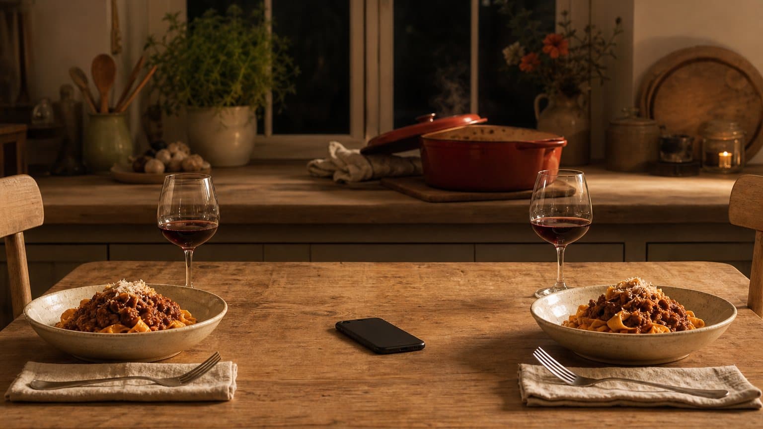 Two identical bowls of pappardelle with ragù set opposite each other on a wooden table, a phone lying face down between them, and a casserole still steaming on the counter behind