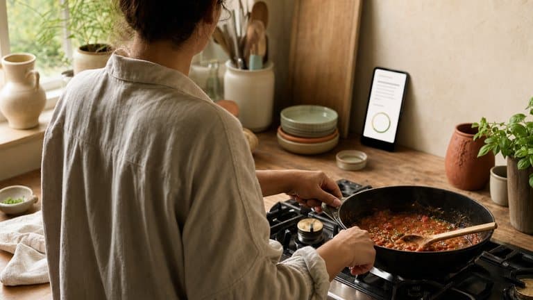 A cook at the hob seen from behind, both hands busy, glancing at a phone showing one recipe step and a timer