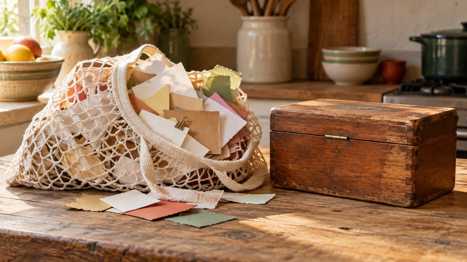 A string market bag overflowing with blank paper slips beside a closed old wooden recipe box on a kitchen counter