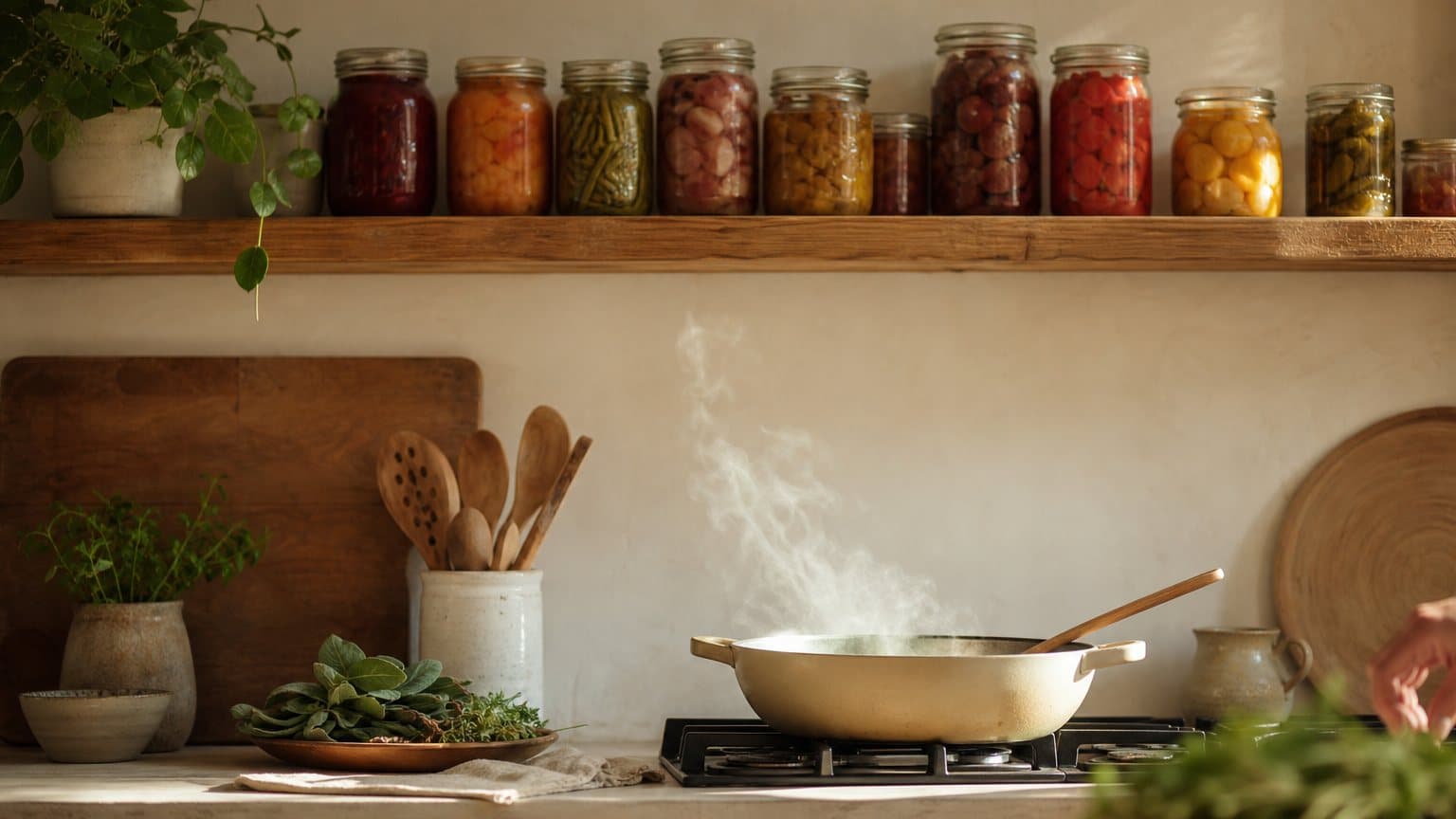 Une étagère de bocaux de conserve fermés au-dessus d'un plan de travail où une sauteuse chauffe sur le feu, la vapeur montant dans la lumière