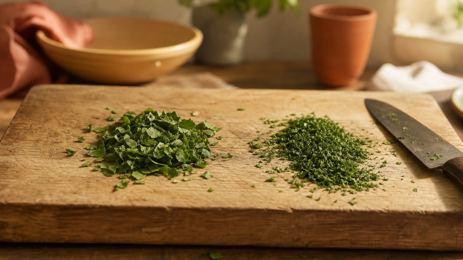 Une botte d'herbes partagée en deux tas sur une planche à découper, hachée de deux façons légèrement différentes