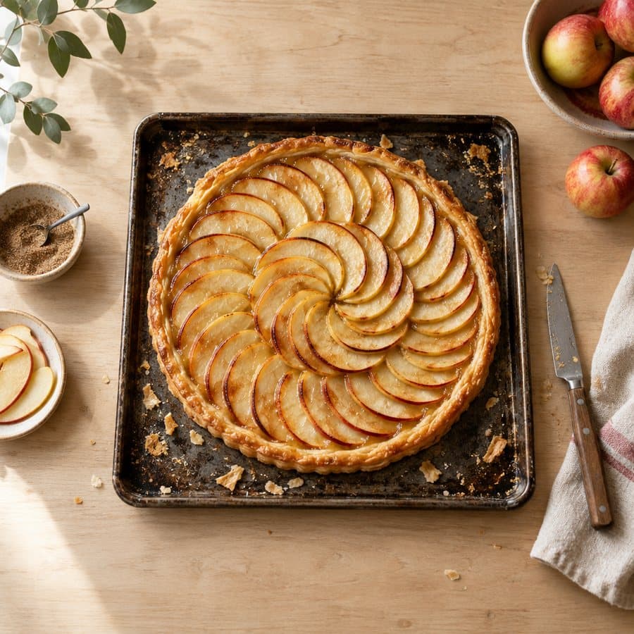 A thin apple tart seen from above, its apple slices fanned in overlapping circles on golden puff pastry.